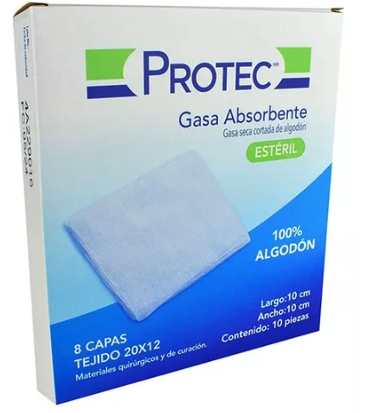 Gasas. Seca cortada de algodón con marca radiopaca. Estéril. Medidas: 10 x 10 cm. Envase con 10 piezas.